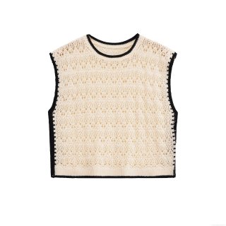 Women Knitted Vest Cotton Polyester Blend Hollow Out Geometric Design Contrast Trim Sleeveless Slim Fit Tank Top French Retro Summer Casual Top