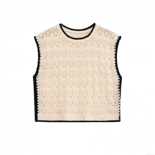 Women Knitted Vest Cotton Polyester Blend Hollow Out Geometric Design Contrast Trim Sleeveless Slim Fit Tank Top French Retro Summer Casual Top