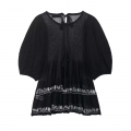 Women's Elegant Floral Embroidered Blouse Sheer Mesh Long Sleeve Top With Tie Neck Bubble Sleeve Casual Retro Polyester Shirt