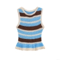 Women's Striped Crochet Knit Tank Top Sleeveless Round Neck Slim Fit Short Vest Multi-color Striped Hollow Out Summer Casual Beach Top