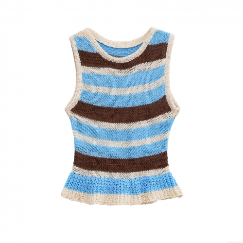 Women's Striped Crochet Knit Tank Top Sleeveless Round Neck Slim Fit Short Vest Multi-color Striped Hollow Out Summer Casual Beach Top