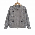 Women Preppy Style Knitted Cardigan Sweater Polyester Blend Dachshund Embroidery Tricolor Stripes Zipper Front Loose Fit Casual Top For Ladies