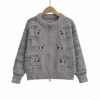 Women Preppy Style Knitted Cardigan Sweater Polyester Blend Dachshund Embroidery Tricolor Stripes Zipper Front Loose Fit Casual Top For Ladies