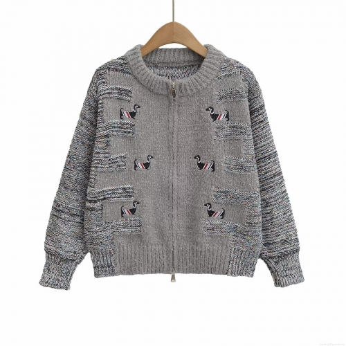 Women Preppy Style Knitted Cardigan Sweater Polyester Blend Dachshund Embroidery Tricolor Stripes Zipper Front Loose Fit Casual Top For Ladies