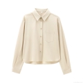 Women's Long Sleeve Button Down Polyester Twill Shirt Elegant Solid Color Lapel Collar Blouse With Pocket Casual Office Work Tops