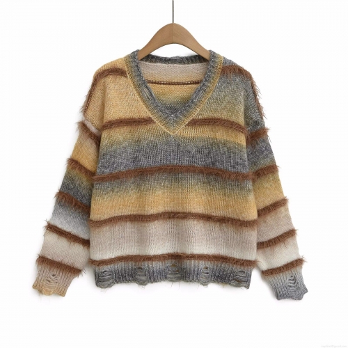 Women's V-Neck Knit Sweater Gradient Striped Distressed Ripped Shaggy Fringe Long Sleeve Oversized Lazy Style Casual Pullover Jumper Knitwear