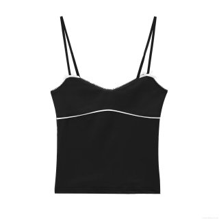 Women Sexy Black Milk Silk Cami Top Contrast White Bows Lace Trim Adjustable Spaghetti Straps Slim Fit Tank Top For Summer Streetwear Daily Fashion