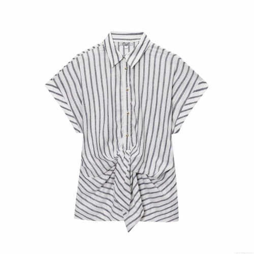 Women's Striped Tie Front Shirt Casual Linen Blend V-Neck Short Sleeve Button Down Blouse Summer Holiday Breathable Fashionable Top for Women
