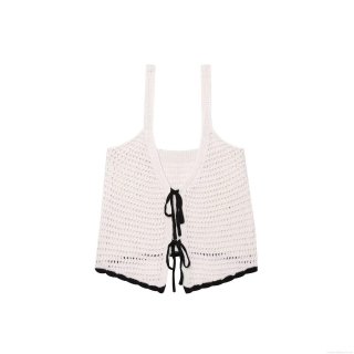 Women's Crochet Knit Tank Top Sexy Bow Tie Front Hollow Out Camisole Contrast Wave Trim Short Sleeveless Vest Top for Summer Beach Dating Party