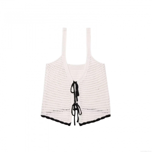 Women's Crochet Knit Tank Top Sexy Bow Tie Front Hollow Out Camisole Contrast Wave Trim Short Sleeveless Vest Top for Summer Beach Dating Party