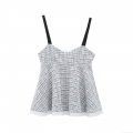 Women's Elegant Blue and White Tweed Camisole Top with Contrast Black Thin Straps Slim Fit Back Invisible Zipper Sexy Summer Tank Top for Party