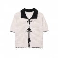 Women's American Retro Sexy Hot Girl Style Crochet Polo Shirt Hollow Out Knit Top With Bow Tie Color Block Short Sleeve Breathable Summer Streetwear Cardigan For Women