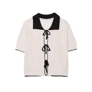 Women's American Retro Sexy Hot Girl Style Crochet Polo Shirt Hollow Out Knit Top With Bow Tie Color Block Short Sleeve Breathable Summer Streetwear Cardigan For Women
