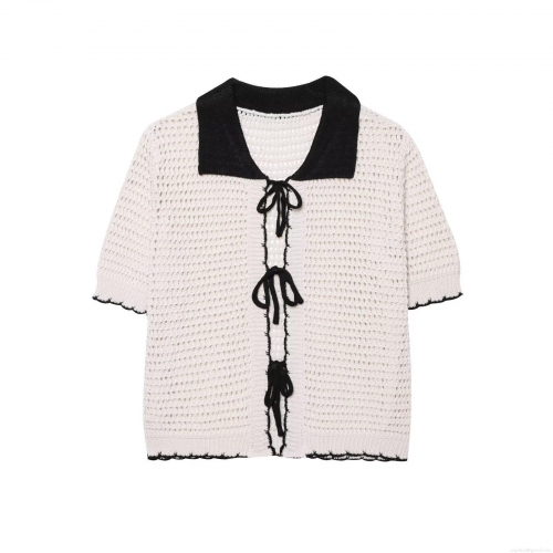 Women's American Retro Sexy Hot Girl Style Crochet Polo Shirt Hollow Out Knit Top With Bow Tie Color Block Short Sleeve Breathable Summer Streetwear Cardigan For Women