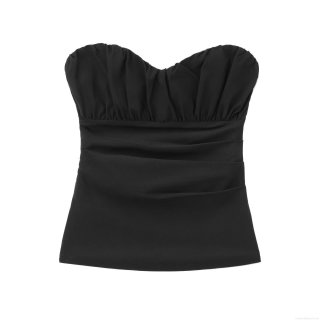 Women Sexy Strapless Ruched Tube Top Slim Fit Gathering Design Black Crop Top Anti-Slip Silicone Strip Invisible Side Zipper Party Wear Summer Fashion