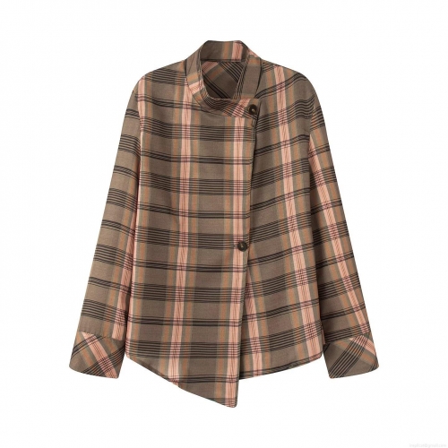 Women's Vintage Plaid Shirt Jacket Loose Fit Long Sleeve Button Down Polyester Woven Blouse With Asymmetric Hem For Casual Daily Wear