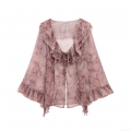 Women's Elegant Snake Skin Print Chiffon Blouse With Ruffle Tie-Neck Long Flared Sleeve Button Down Shirt For Office Daily Ladies