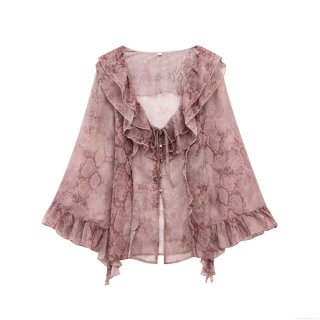 Women's Elegant Snake Skin Print Chiffon Blouse With Ruffle Tie-Neck Long Flared Sleeve Button Down Shirt For Office Daily Ladies Women's Elegant Snake Skin Print Chiffon Blouse With Ruffle Tie-Neck Long Flared Sleeve Button Down Shirt For Office Daily Ladies