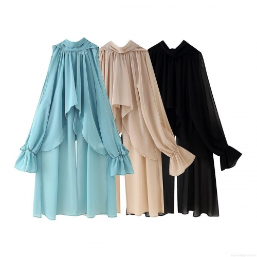 Women's Long Sleeve Chiffon Blouse Sheer Ruffle Bell Sleeve Top With Bow Tie Neck Solid Color Loose Fit Shirt For Party Clubwear Beach Cover Up