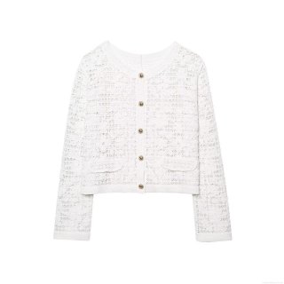 Women's Crochet Lace Cardigan Long Sleeve Hollow Out Knit Top Round Neck Button Down White Cropped Jacket Elegant Party Outerwear For Women