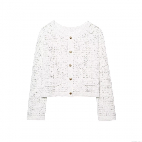 Women's Crochet Lace Cardigan Long Sleeve Hollow Out Knit Top Round Neck Button Down White Cropped Jacket Elegant Party Outerwear For Women