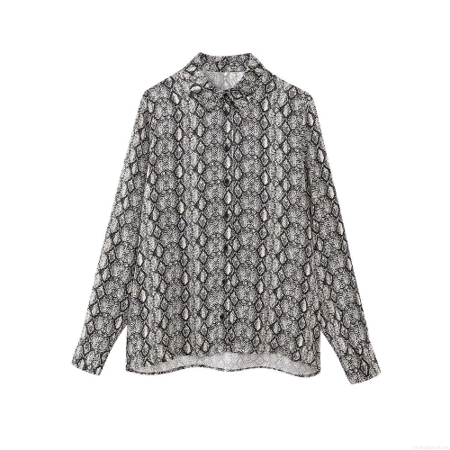 Elegant Snake Print Long Sleeve Shirt For Women 100% Polyester Button Down Lapel Blouse Casual Office Party Tops