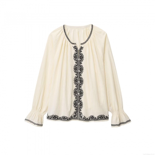 Women's Long Sleeve Blouse Ethnic Style Embroidery Shirt Boho Beige Polyester Top With Flared Sleeves Round Neck V-Opening Casual Daily Vacation Fashion Clothing