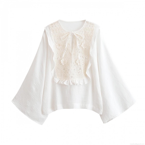 Women's Long Sleeve Lace Patchwork Blouse Elegant Embroidery Ruffle Tie Neck Shirt Solid White Casual Sweet Tops for Ladies Women's Long Sleeve Lace Patchwork Blouse Elegant Embroidery Ruffle Tie Neck Shirt Solid White Casual Sweet Tops for Ladies