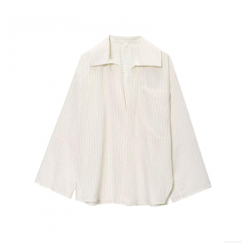 Women's Casual Striped Long Sleeve Tencel Polyester Blouse Shirt With V Neck Side Slit And Large Pocket For Daily Office Wear