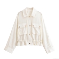 Women's Safari Style Long Sleeve Shirt Jacket Polyester Linen Texture Blouse With Flap Pockets Elastic Ruffled Hem Gold Buttons Casual Tops