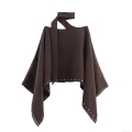 Women's Casual Poncho Top Asymmetrical Hem Sleeveless Round Neck Rivet Beading Polyester T-Shirt Solid Coffee Loose Streetwear Top For Women