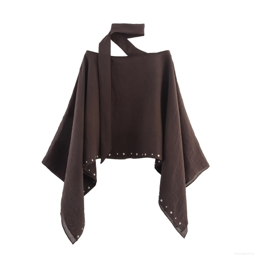 Women's Casual Poncho Top Asymmetrical Hem Sleeveless Round Neck Rivet Beading Polyester T-Shirt Solid Coffee Loose Streetwear Top For Women