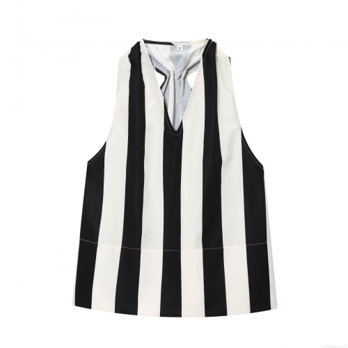 Women's Halter V-Neck Tank Top Casual Black and White Vertical Striped Sleeveless Polyester Blend Slim Fit Top for Summer Daily Vacation