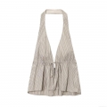 Women's Sexy Striped Halter Top Deep V-Neck Drawstring Waist Sleeveless Polyester Blend Slim Fit Camisole Summer Casual Beach Party Blouse