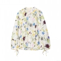 Women's Casual Floral Print Blouse Long Sleeve Polyester Cotton Stand Collar Shirt With Drawstring Neckline Detail Daily Lady Floral Pattern Tops