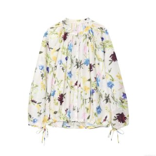 Women's Casual Floral Print Blouse Long Sleeve Polyester Cotton Stand Collar Shirt With Drawstring Neckline Detail Daily Lady Floral Pattern Tops