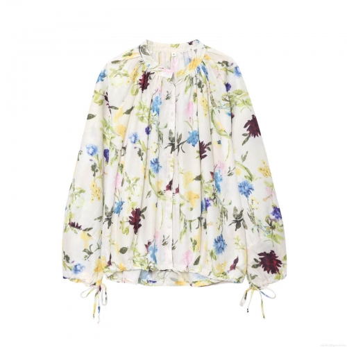 Women's Casual Floral Print Blouse Long Sleeve Polyester Cotton Stand Collar Shirt With Drawstring Neckline Detail Daily Lady Floral Pattern Tops