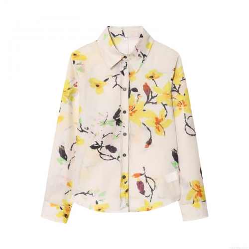 Elegant Floral Print Long Sleeve Shirt Women Casual Beige Ramie Polyester Blend Button Up Blouse Turn-down Collar Tops For Daily Commute
