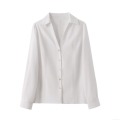 Women's Casual V Neck Long Sleeve Shirt Polyester Blouse With Gold Buttons Roll Up Sleeve Standard Fit Top For Office Daily Fashion White Shirt