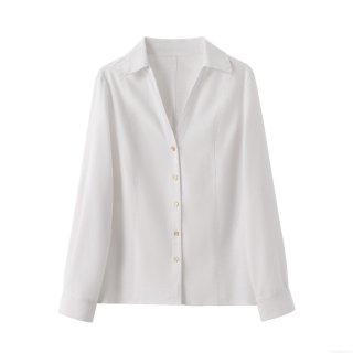 Women's Casual V Neck Long Sleeve Shirt Polyester Blouse With Gold Buttons Roll Up Sleeve Standard Fit Top For Office Daily Fashion White Shirt