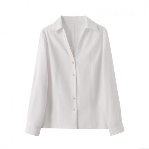 Women's Casual V Neck Long Sleeve Shirt Polyester Blouse With Gold Buttons Roll Up Sleeve Standard Fit Top For Office Daily Fashion White Shirt