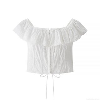 Women's White Eyelet Embroidery Corset Crop Top Ruffle Off Shoulder Lace Up Chiffon Polyester Bustier Blouse For Summer Beach Date Sweet French Style