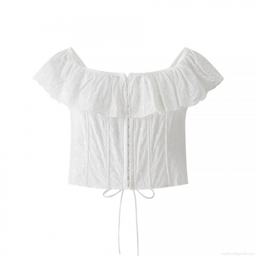 Women's White Eyelet Embroidery Corset Crop Top Ruffle Off Shoulder Lace Up Chiffon Polyester Bustier Blouse For Summer Beach Date Sweet French Style