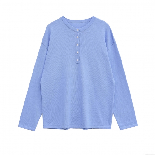 Women's Casual Henley Knit T-Shirt Polyester Button Front Round Neck Long Sleeve Loose Fit Plain Color American Streetwear Top