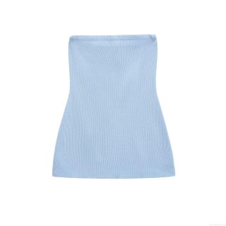 Women's Light Blue Ribbed Knit Tube Top Strapless Slim Fit Polyester Bandeau Top Casual Solid Color Summer Crop Top For Daily Vacation
