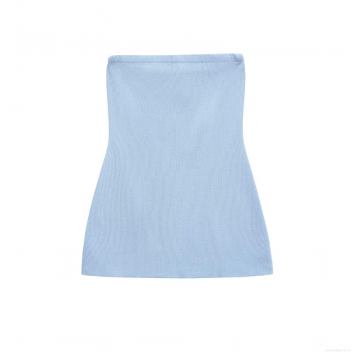 Women's Light Blue Ribbed Knit Tube Top Strapless Slim Fit Polyester Bandeau Top Casual Solid Color Summer Crop Top For Daily Vacation
