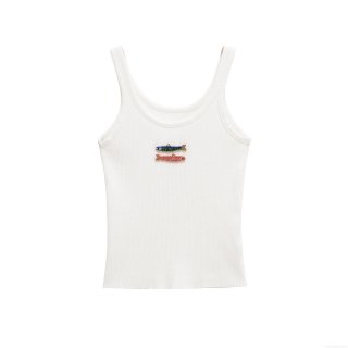 Women's Sexy White Ribbed Knit Tank Top With Handmade Beaded Fish Embroidery Slim Fit Sleeveless Crop Top For Summer Casual Party