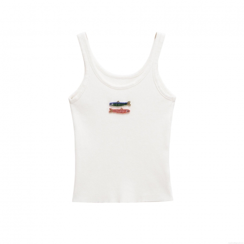 Women's Sexy White Ribbed Knit Tank Top With Handmade Beaded Fish Embroidery Slim Fit Sleeveless Crop Top For Summer Casual Party