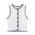 Elegant Women Scalloped Trim Knit Vest Contrast Color Sleeveless Button Down Tank Top For Party Dating Sexy Slim Fit Polyester Knitwear