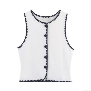 Elegant Women Scalloped Trim Knit Vest Contrast Color Sleeveless Button Down Tank Top For Party Dating Sexy Slim Fit Polyester Knitwear Elegant Women Scalloped Trim Knit Vest Contrast Color Sleeveless Button Down Tank Top For Party Dating Sexy Slim Fit Polyester Knitwear